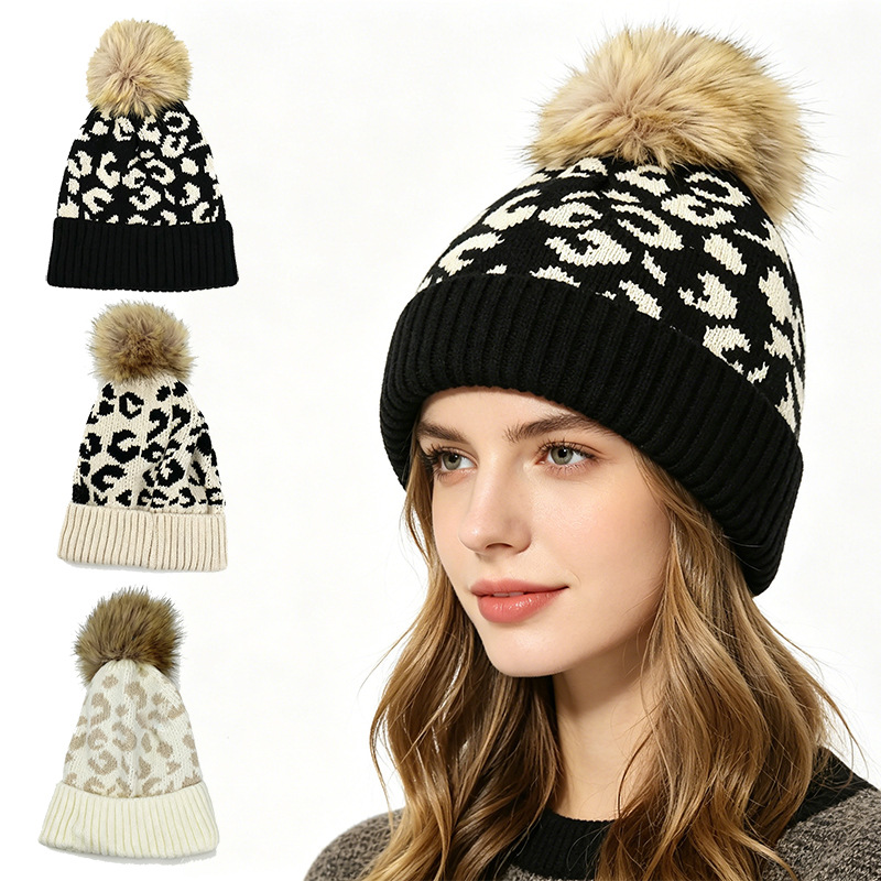 Beanie Cuffed Knit - Sonbahar ve kış leopar desenli ponponlu